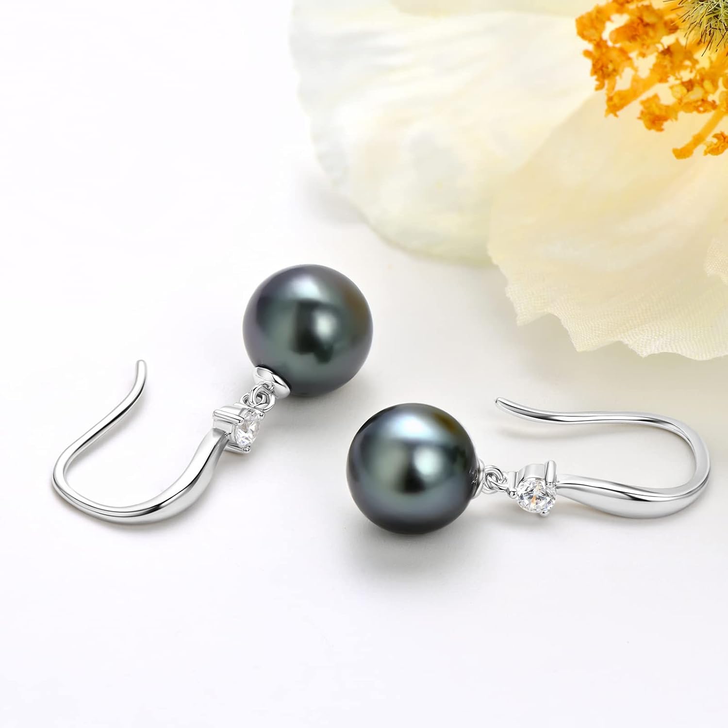 Tahitian Black Pearl Earrings for Women, 925 Sterling Silver Genuine Tahitian Cultured Pearl Drop Earrings Jewelry Gift for Women Wife Mom Daughter - Image 2