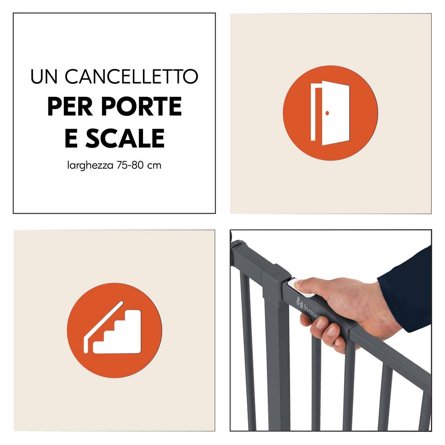 hauck Cancelletto di Sicurezza per Bambini Open N Stop 2 - Cancelletto per Bambini per aperture da 75-80 cm, Apertura con Una Sola Mano Su Entrambi i Lati, Chiusura Manuale - Metallo, Grigio Scuro