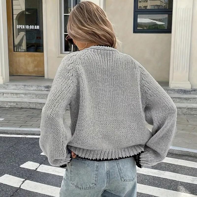 Gilet Cardigan Femme À Nouer sur Le Devant Col en V Grosse Maille Manches Longues Veste Légère en Maille Gilet Cardigan Ample et Décontracté Veste De Mi Saison Idéale pour Le Bureau et Le Quot