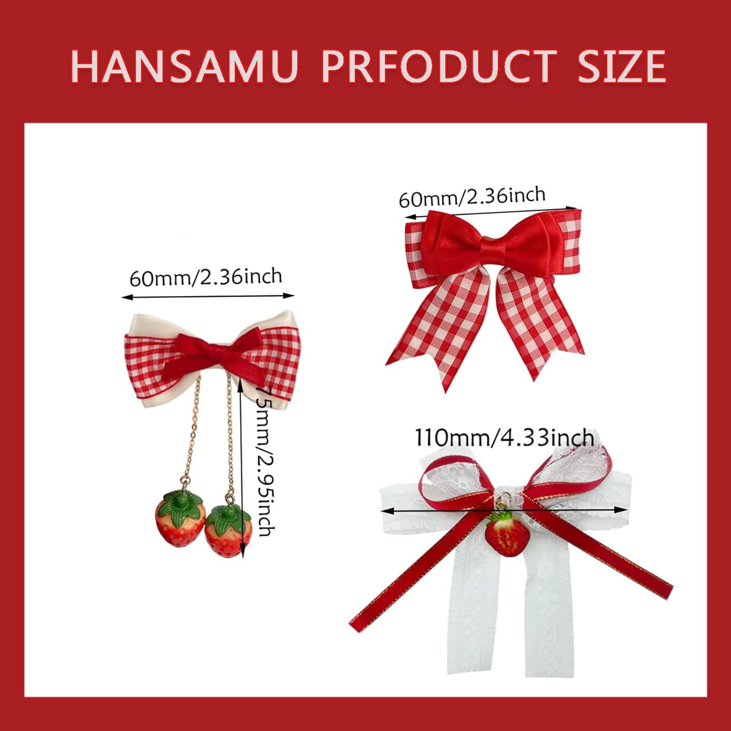 6 Pcs Strawberry Hair Bow Clips Hair Accessories, Cute Alligator Hair Barrettes, Red White Plaid Bow Decor for Women Girls Hair Decoration, Christmas - Image 2