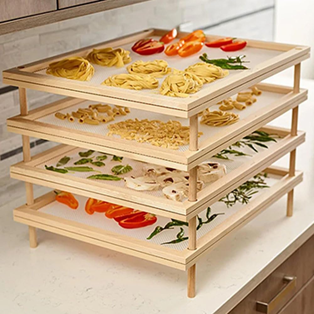 Set 4 Essiccatori impilabili sovrapponibili con telaio in legno e rete alimentare stendipasta per essiccare cibi alimenti pasta funghi verdure