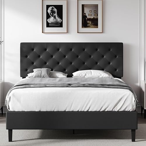 Miniatura 11 de Marco de cama matrimonial con cabecero, plataforma tapizada de piel sintética, marco de cama negro tamaño matrimonial, soporte de listones de Negro