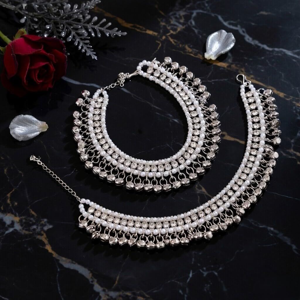 Efulgenz Indian Bridal Anklets for Women Ghungroo Jhanjara Anklet Bollywood Faux Kundan Pearl Ankle Bracelets Set Bell Anklets for Women