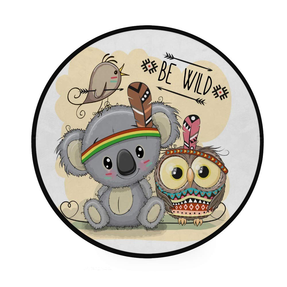 Tapis de jeu rond pour salon au motif koala et hibou doux