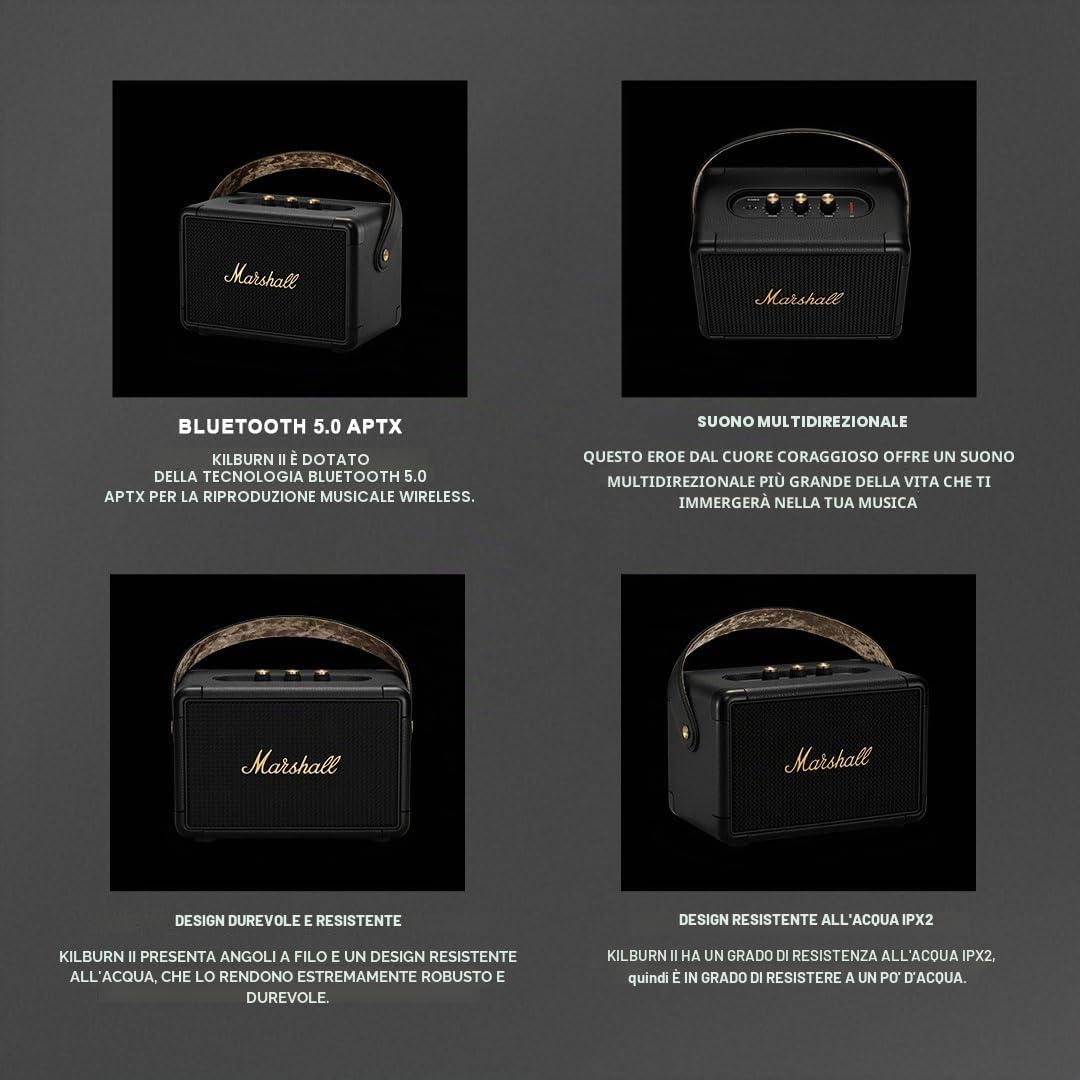 Marshall Kilburn II Bluetooth Altoparlante Portatile, Senza fili Casse, Impermeabilità IPX2, 20 ore riproduzione, Nero e ottone