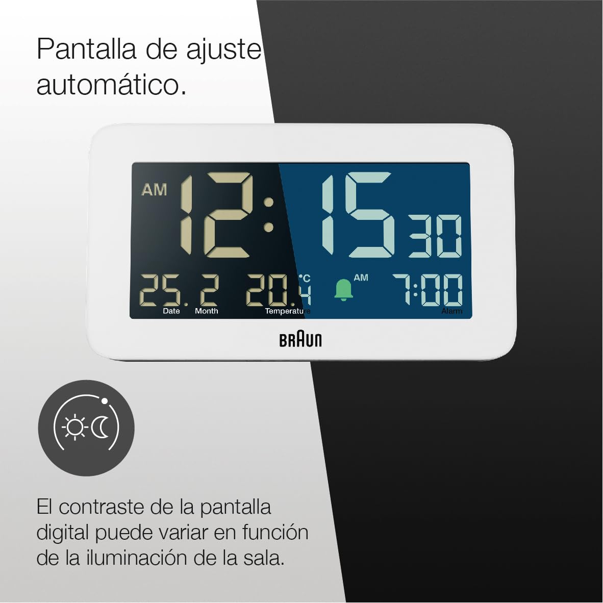 Braun Reloj Despertador Digital visualización de Fecha, Mes y Temperatura, Pantalla LCD Negativa, Ajuste rápido, Alarma en Crescendo, Blanco, Modelo BC10W.