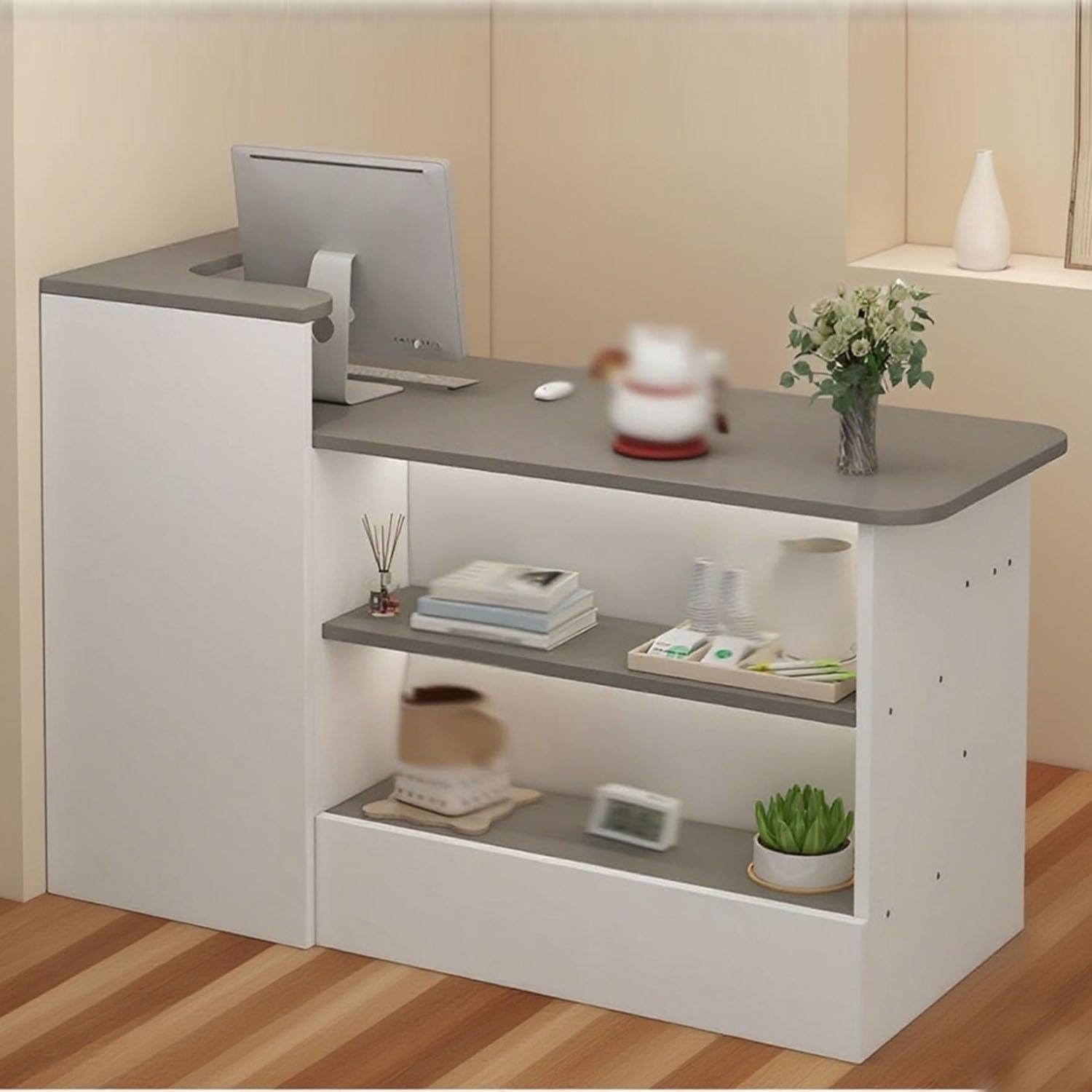 Banco Reception Curvo Alto Ufficio con Cassetti,Bancone Cassa per Negozio Abbigliamento,Tavolo da Banco Cassa al Dettaglio, Cassa Reception(Gris/Izquierda,120x100x45cm)