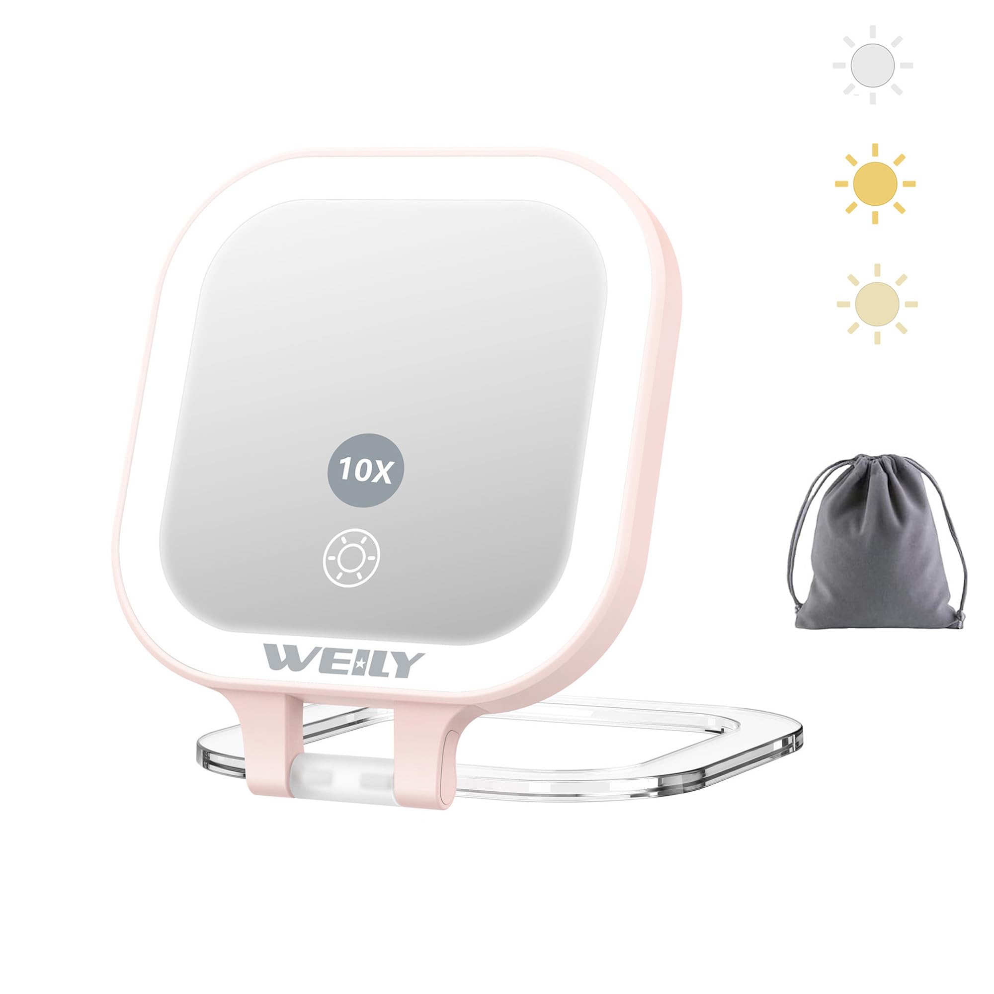 WEILY Compact Mirror with Lighting, 1X/10X Magnification Double-Sided Travel Mirror with 3 Colour Lights, USB Rechargeable Portable Handheld Mirror for Makeup (Pink)