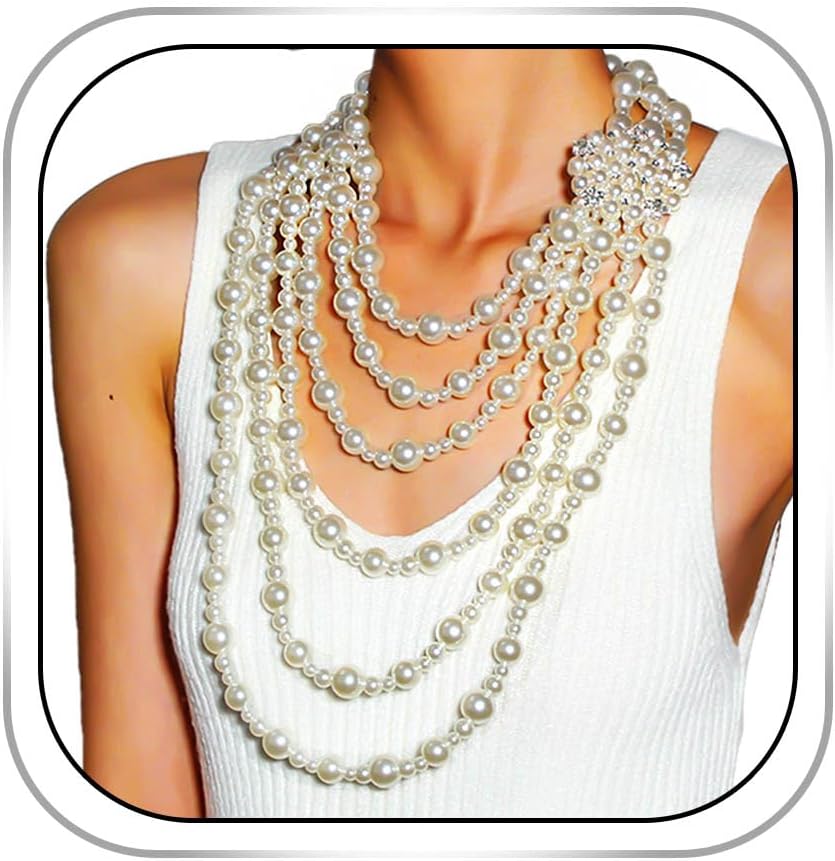 Gangel Pearl Necklace Earring Set Faux Layered Pearls Necklaces Bridal Wedding Jewelry Multi Strand Pearl Necklace for Women