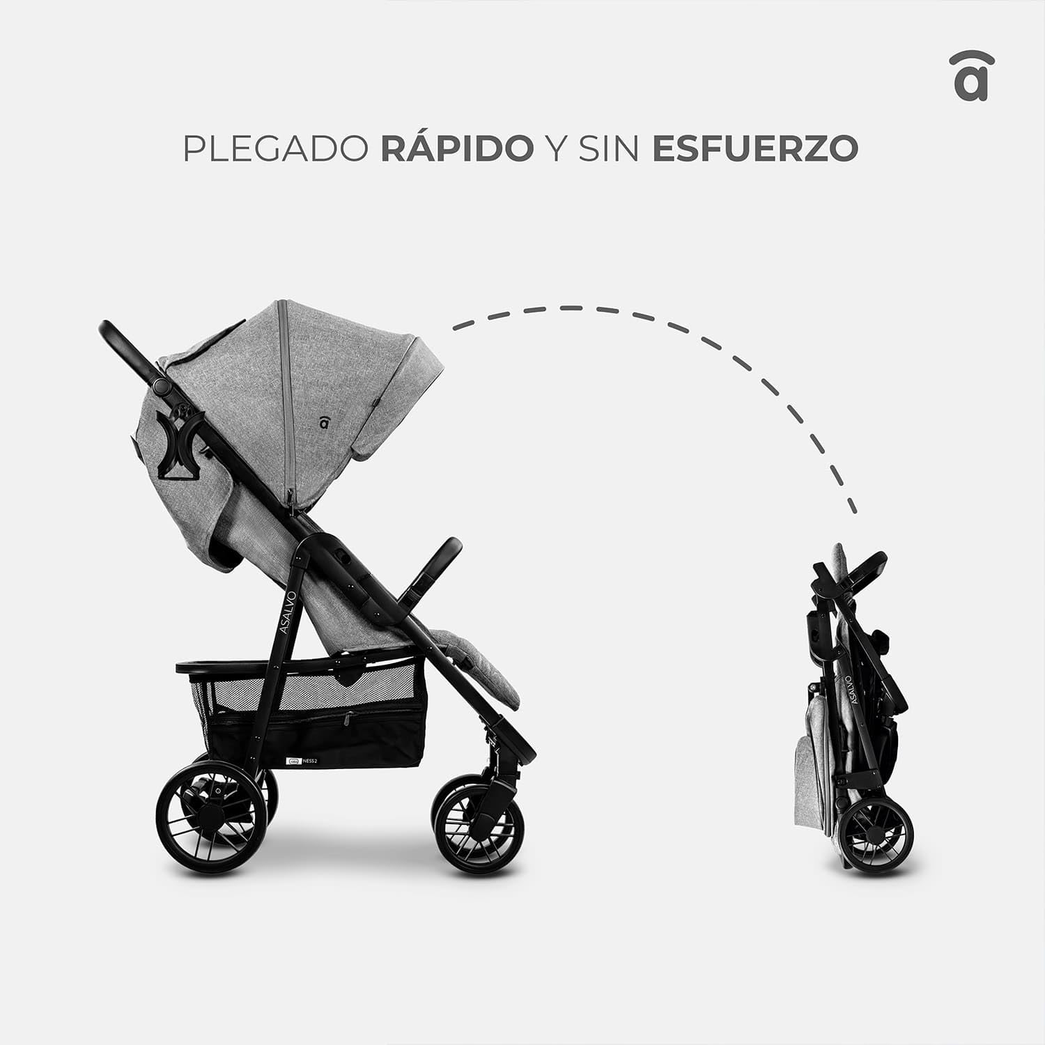 Asalvo NESS 2 Silla de Paseo para bebé, Carrito de paseo con Respaldo Reclinable, Cochecito urbano, Arnés 5 Puntos, SPF50+, Gran Capota con Ventana, Manejable y Máxima Seguridad Hasta 24 kg, Gris