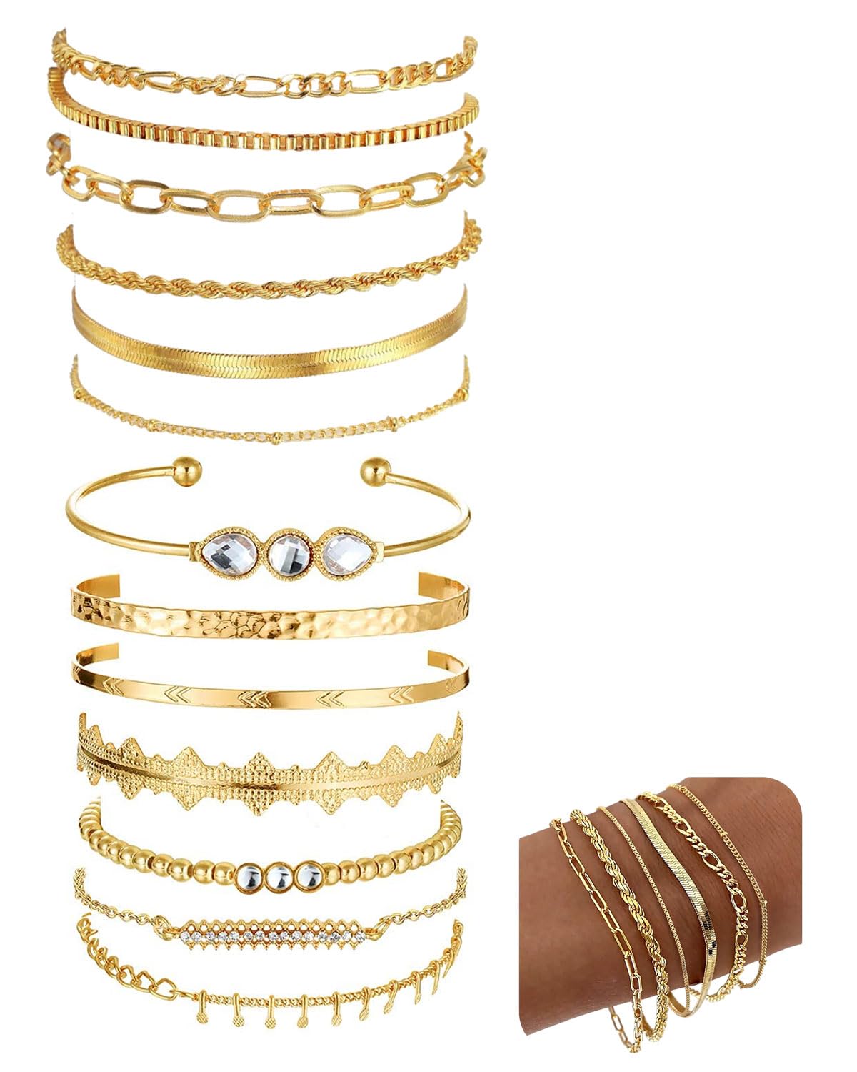SCJJZ SCJJZ 13PCS Gold Bracelets Women Stainless Steel Bracelet Women Gold Bracelet Silver Gold Adjustable Chain Cuban Link Jewelry Gifts for Women Girl Friends