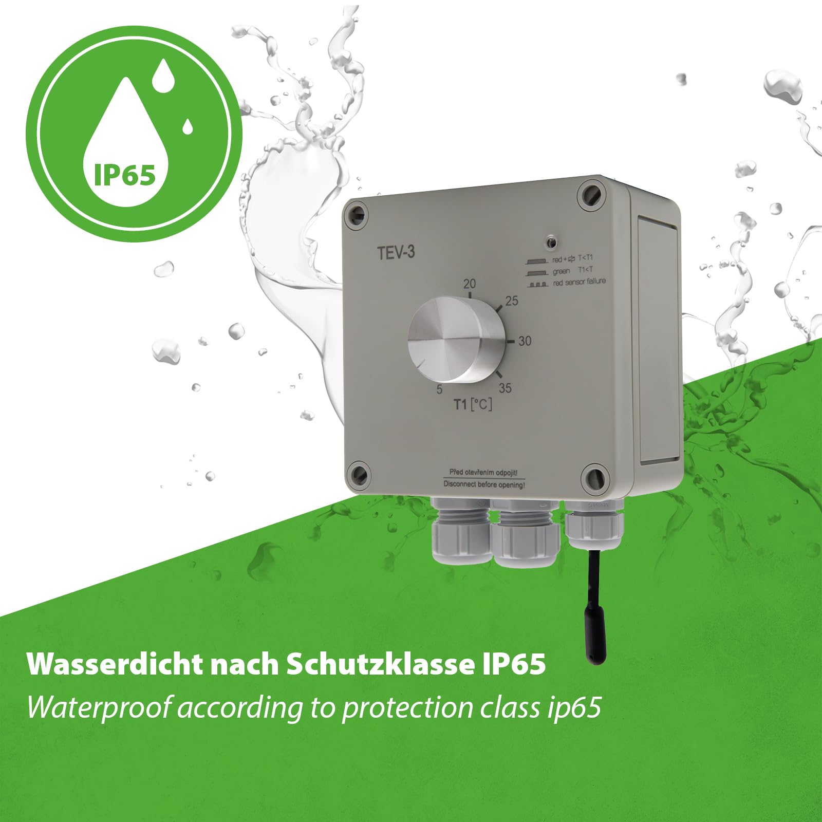 Régulateur de température TEV-3 en saillie - Thermostat avec sortie de commutation NC/NO - Capteur externe - Pour appareils de refroidissement et de chauffage
