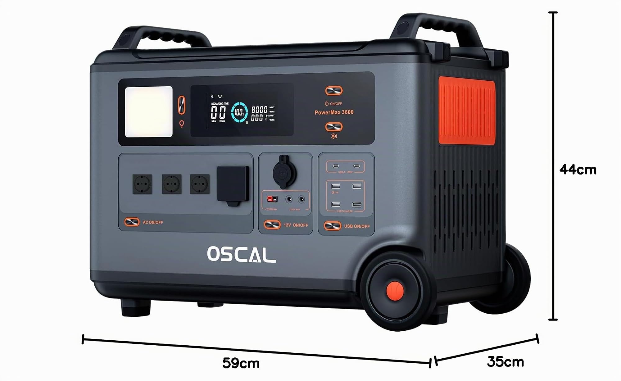 OSCAL PowerMax 3600 Generador eléctrico solar portátil 3600 W, ampliable hasta 57,6 kWh,estación de alimentación solar de 3600 Wh con 4 tomas CA 3600 W, emergencia con control APP para casa