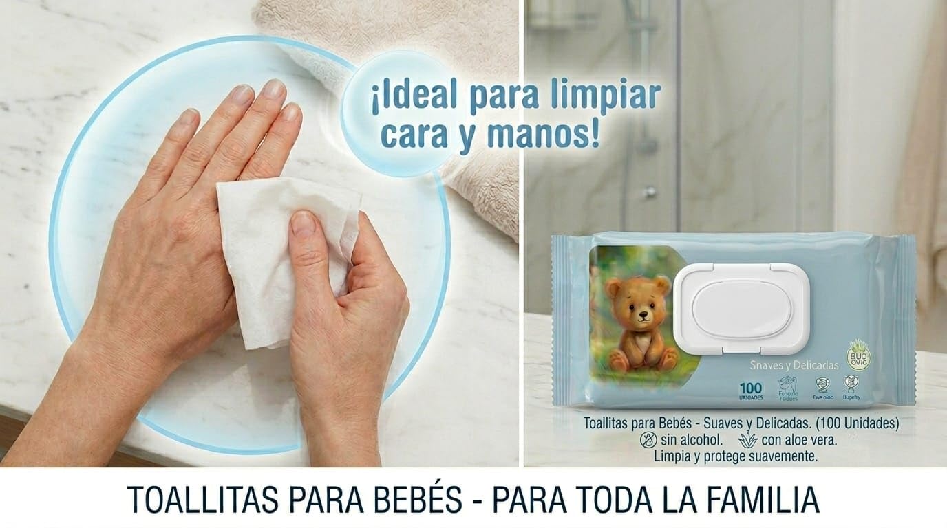Toallitas Húmedas Hidratantes para bebé PACK 2 UD x 100 Toallitas C/U - Toallitas Húmedas Ideal para Cambio de Pañal - Limpieza para Cara, Manos y Cuerpo - Tejido Suave, Esponjoso y Resistente.