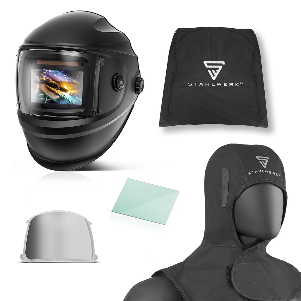 STAHLWERK Casque de soudage Automatique 3-en-1 Bullet – Kit avec Bonnet de Soudure, True Colour, obscurcissement Automatique DIN 4-13, Classe Optique 1/1/1/2, Champ de Vision 100 x 60 mm