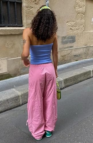 Y2K Low Waist Cargo Baggy Pants Drawstring Wide Leg Pockets Trousers Harajuku Streetwear For 90S Girls Sweatpants Pink #TOP4