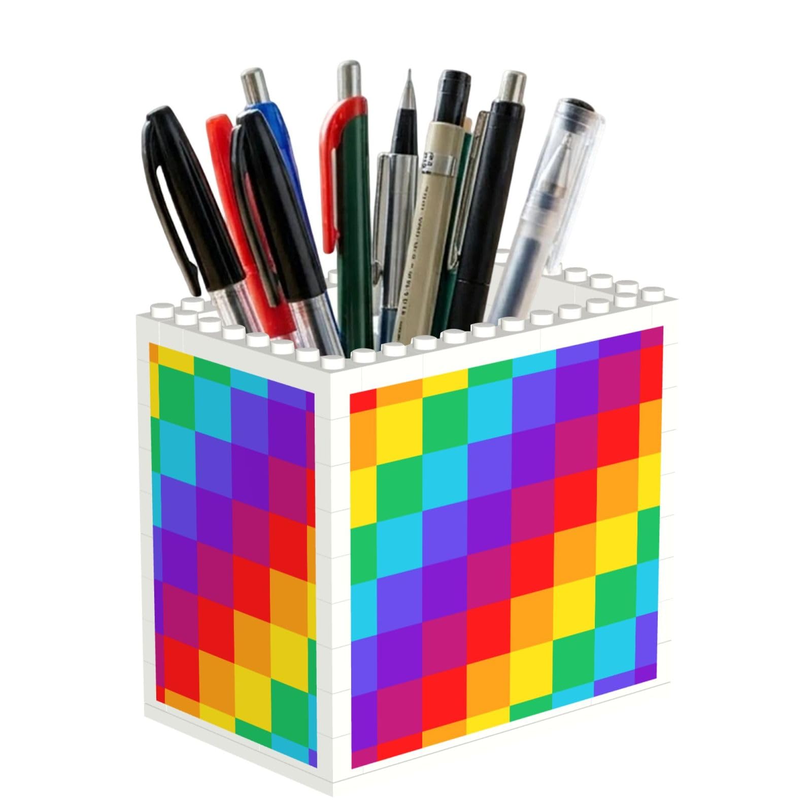 Poadnly Rainbow Plaid Pattern, Pen Pot Pencil Holder for Office Home School, Compact Desk Organiser for Office Stationery