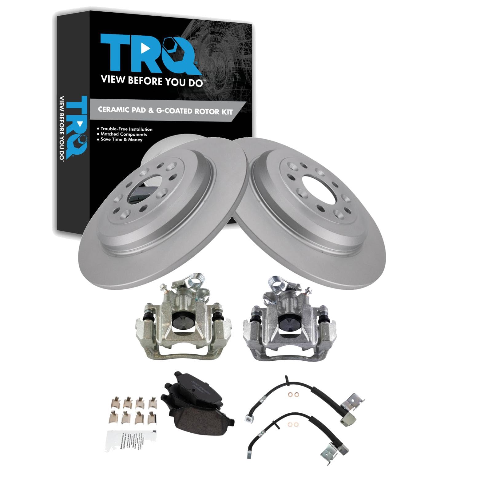 TRQ Rear Brake Pad and Rotor Set Ceramic G Coated Rotors Calipers Compatible with 2011 Ford Explorer