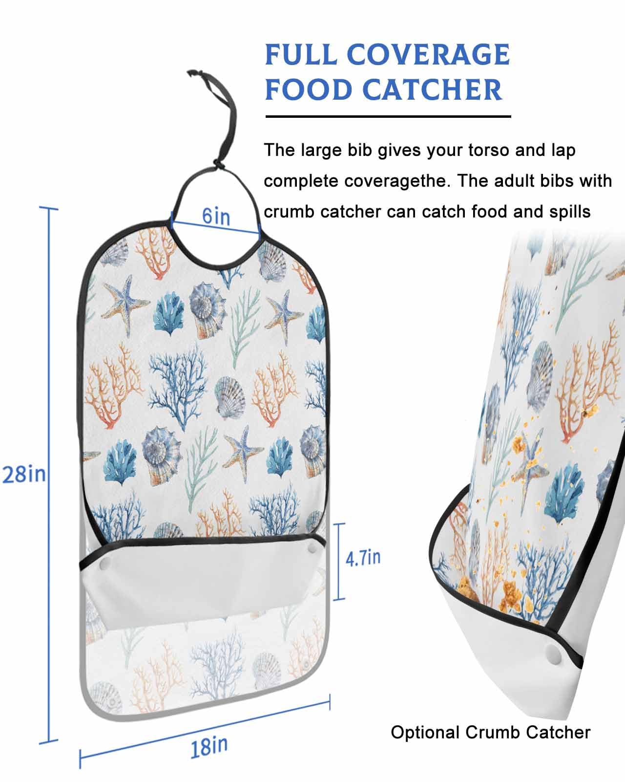 LEOKOTI Blue Teal Orange Coastal Adult Bibs for Eating, Waterproof Bibs with Food Catcher & Snap Closure, Nautical Beach Coral Shell Starfish Washable Clothing Protectors Adult Bibs for Elderly