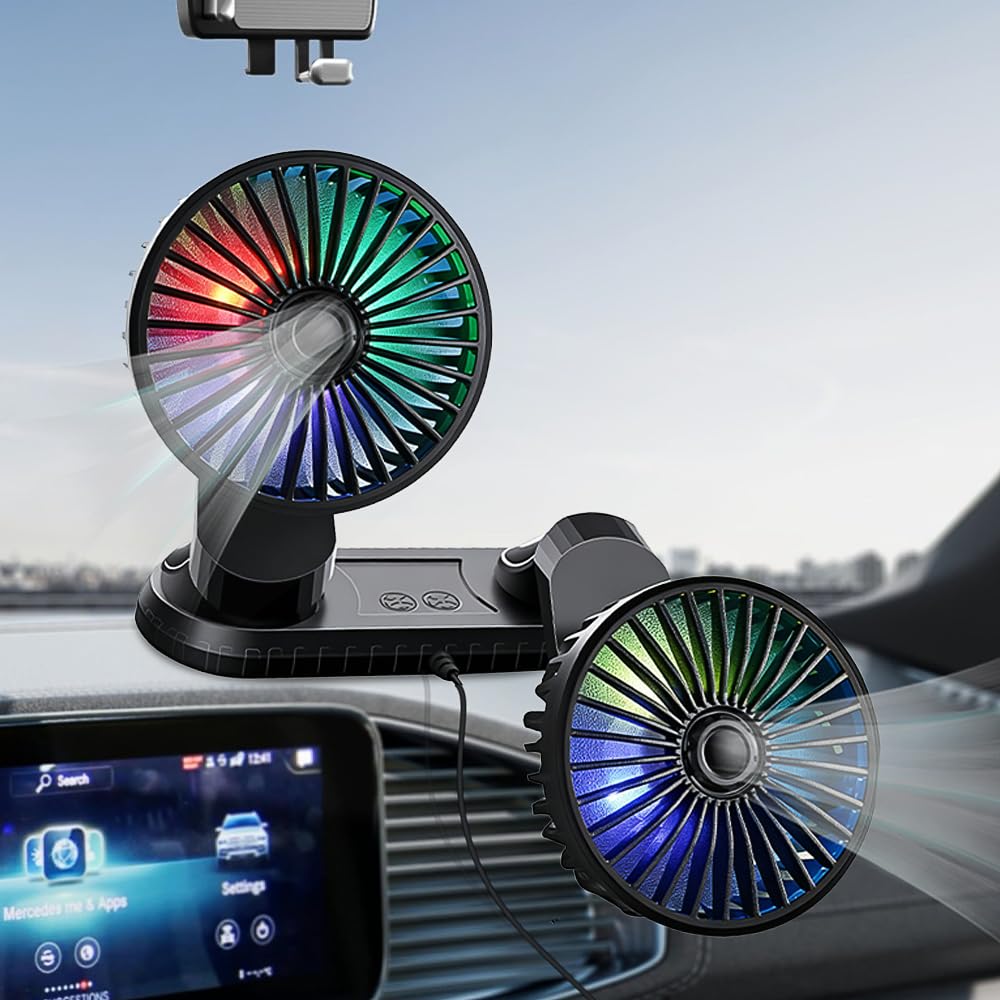 Ventilateur De Voiture 5V, Ventilateur Double Têtes USB, Ventilateurs Portables Voitures avec 3 Vitesses Et Effets Lumineux, Rotation à 360° Pour Voiture, Van, SUV, RV, Bateau