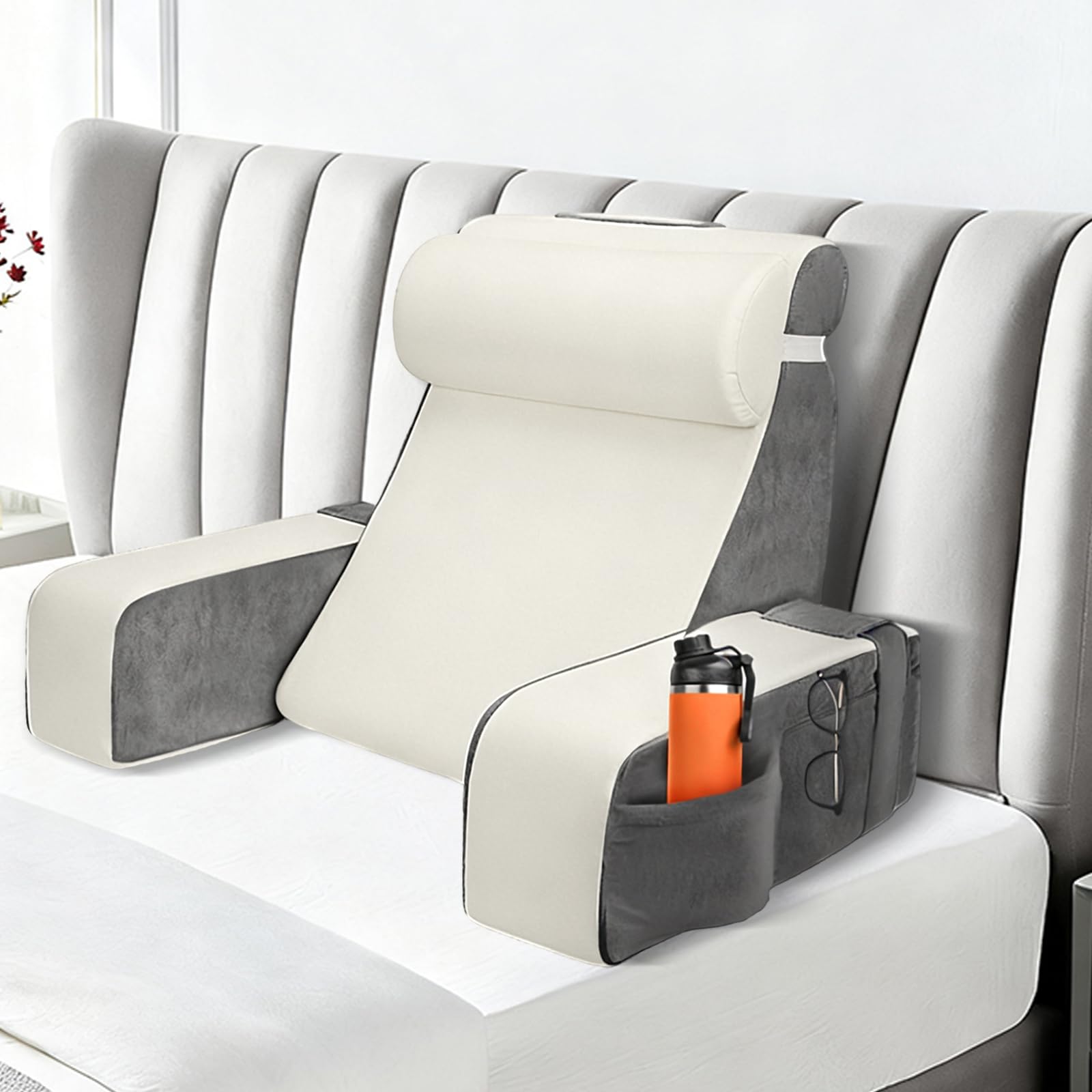 Cojin Lectura Cama,Cojín con Respaldo Apoyo Lumbar, con Soporte para Brazos y Bolsillos, Cojín Lumbar Sofá para la Espalda, Cojin Respaldo Cama para Trabajar, Leer o Jugar en la Cama Sofá Suelo