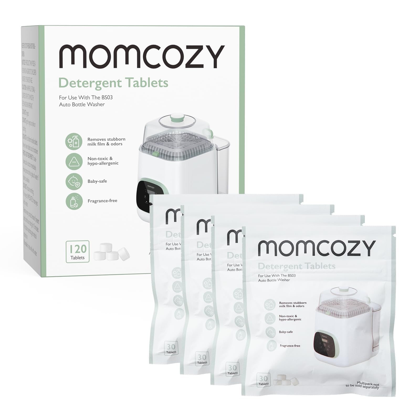 Momcozy Pastiglie Lavabiberon KleanPal Pro Senza Profumo,120 Compresse | Formula Ipoallergenica Senza Profumo per Lavabiberon KleanPal Pro, Ideale per Biberon e Tiralatte