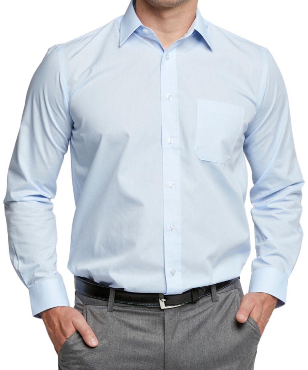 Double TWO - Men's Dress Shirt - Easy-Care, Long Sleeve, Business Casual - Classic Fit - Formal Shirt with Pocket, Blue, 19.5 Inch Collar