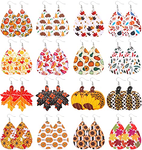 16 Pairs Fall Faux Leather Teardrop Earrings Plaid Pumpkin Sunflower Maple Leaves Autumn Jewelry Thanksgiving Accessory For Women #TOP16