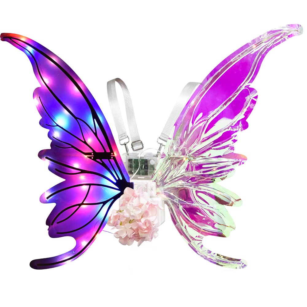 Heyseri Iridescent Wings Dress Up Glitter Wings Fairy LED Flapping Costume Angel Wings for Kids Girls Women Halloween Cosplay Birthday Multicolored