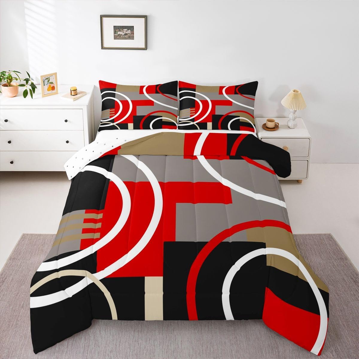 Feelyou Geometric Bedding Set Barclay Arcs Shapes Comforter Set for Kids Boys Girls Modern Decor Comforter Red Black Grey Quilt with 1 Pillowcase 2Pcs Bedding Twin Boys