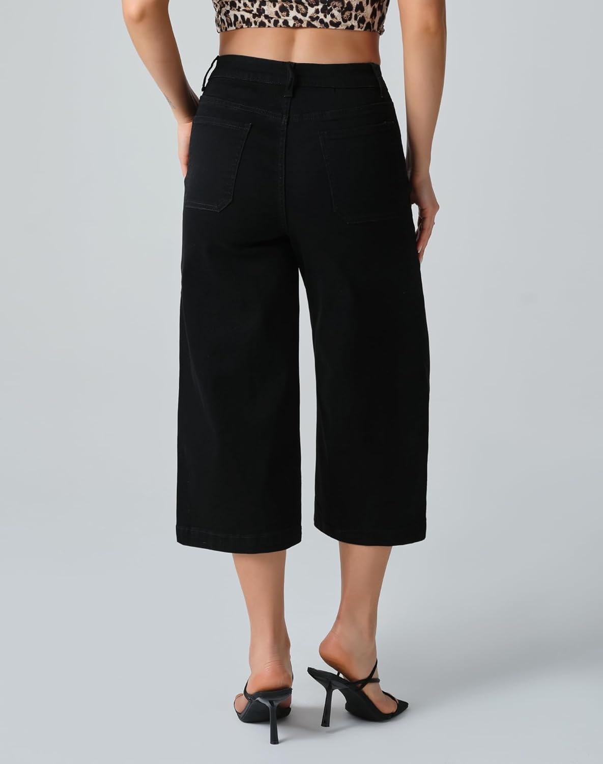 roswear Women’s Wide Leg Capri Pants Stretchy High Waisted Loose Denim Jeans