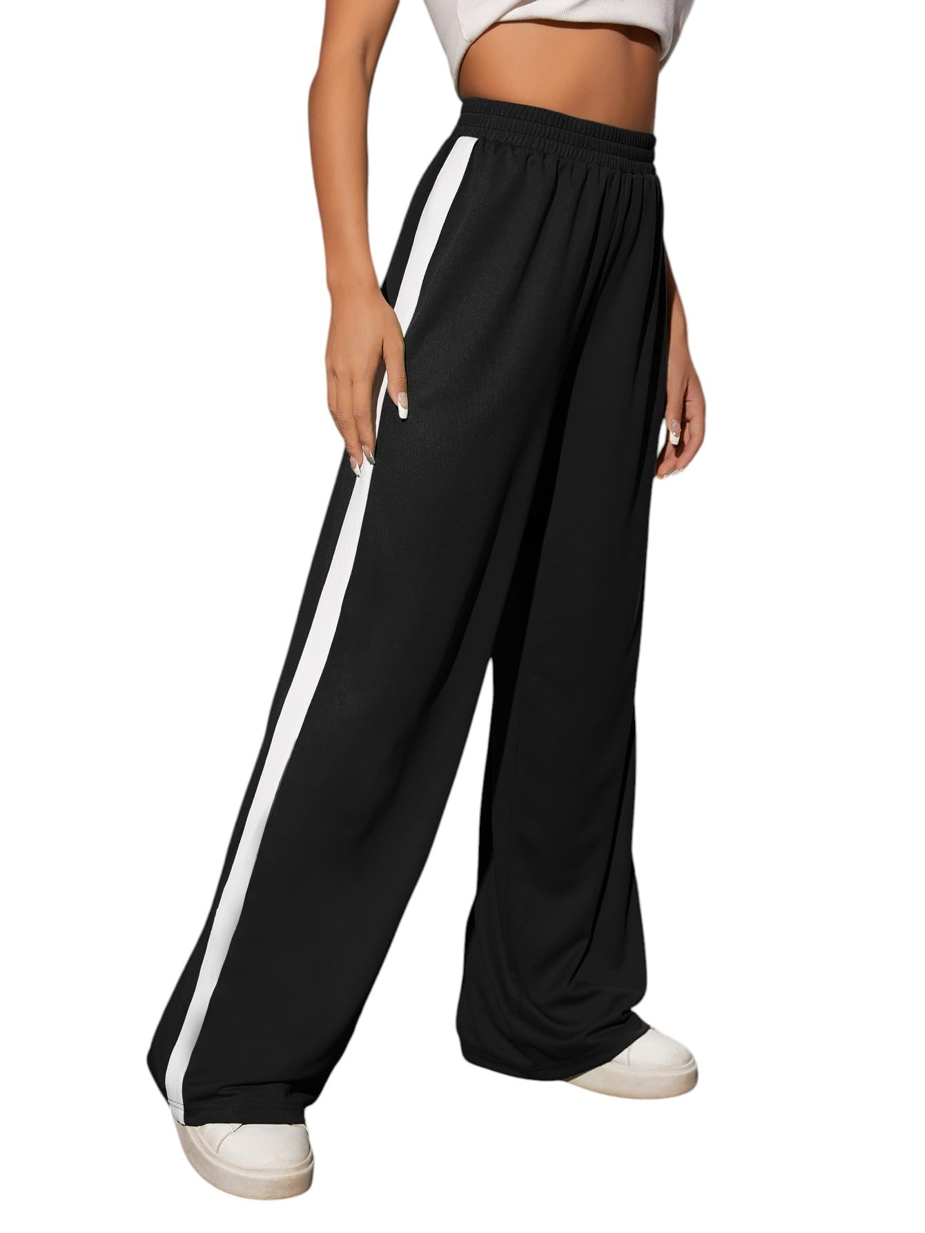 Womens White and Black Single Striped Sporty Lower/Trending Striped Design, Women's Casual and Lounge Loose wear-image-49
