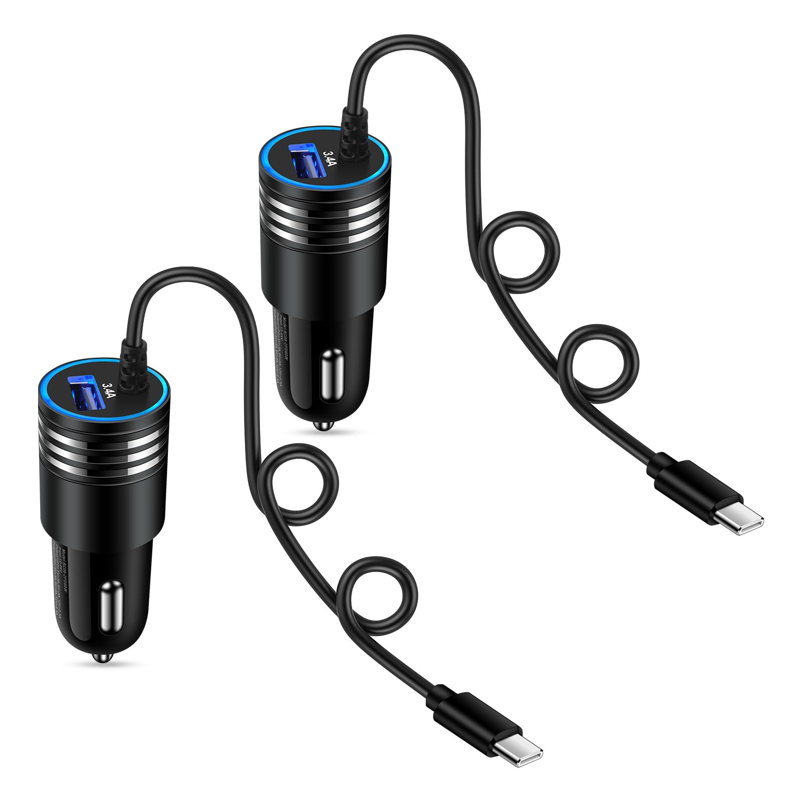Android Car Charger USB C Cigarette Lighter Plug with 3ft Built-in Type C Fast Charging Cable for Samsung Galaxy A16 A15 A25 A35 Z Flip 6 5 4 Z Fold 6 5 4 A14 A54 A53 A23 A13 S24 S23 S22 S21 S20 S10