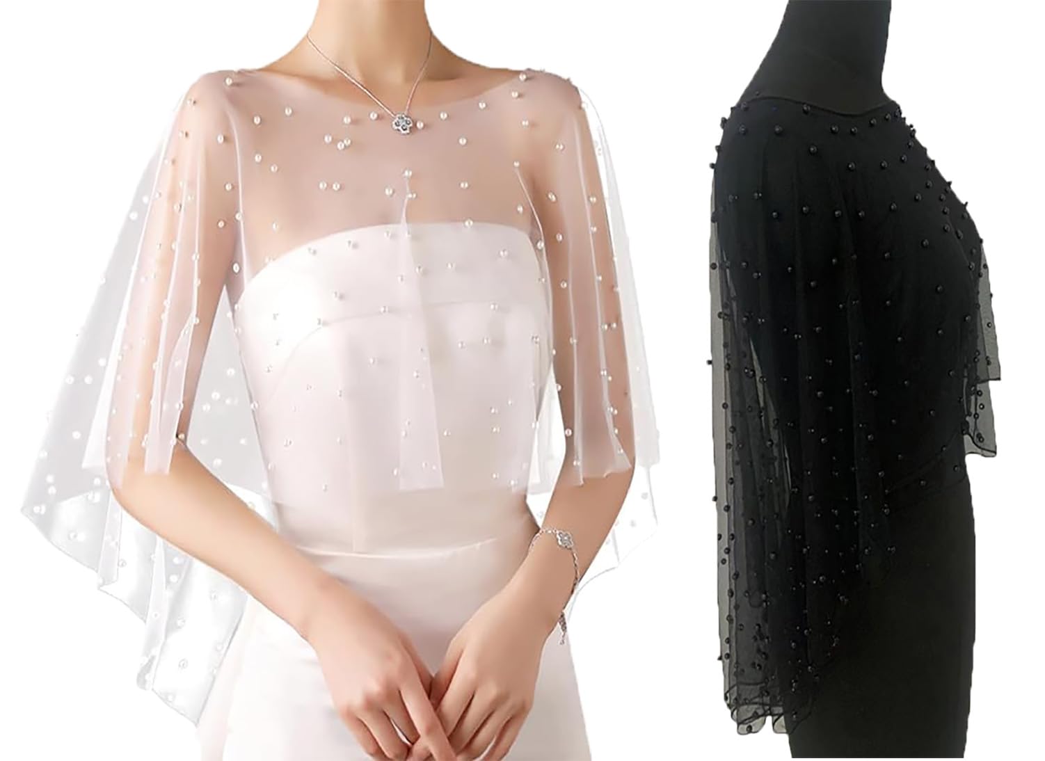 Capa de tul con cuentas de organza suave, capa de gasa elegante capa corta con perlas sintéticas, bufanda de cuello nupcial para novia, fiesta, boda, vestido de noche (1#)