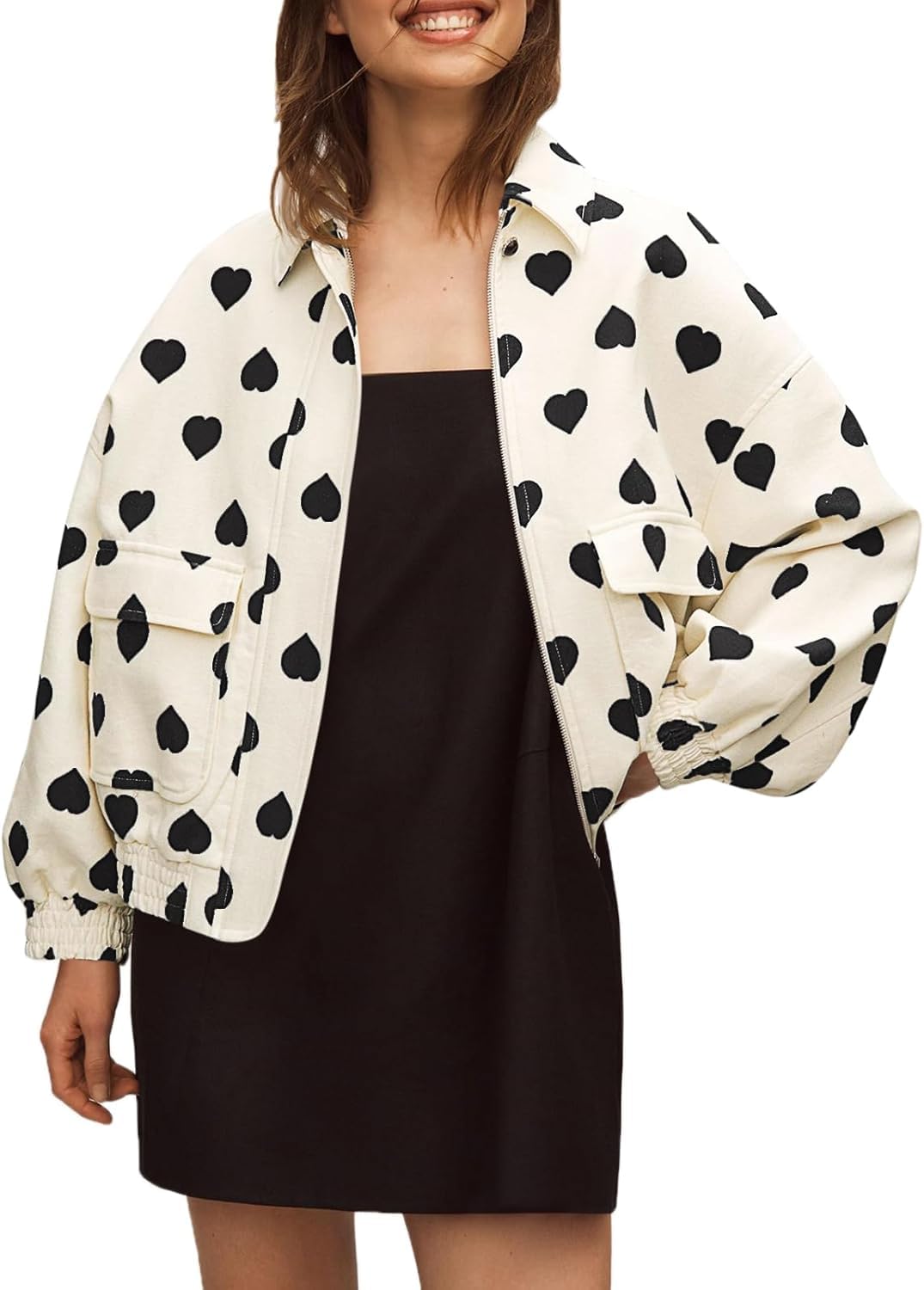 Womens Cropped Heart Bomber Jacket Cute Valentine Oversized Zip up Coat Fall Casual Outerwear