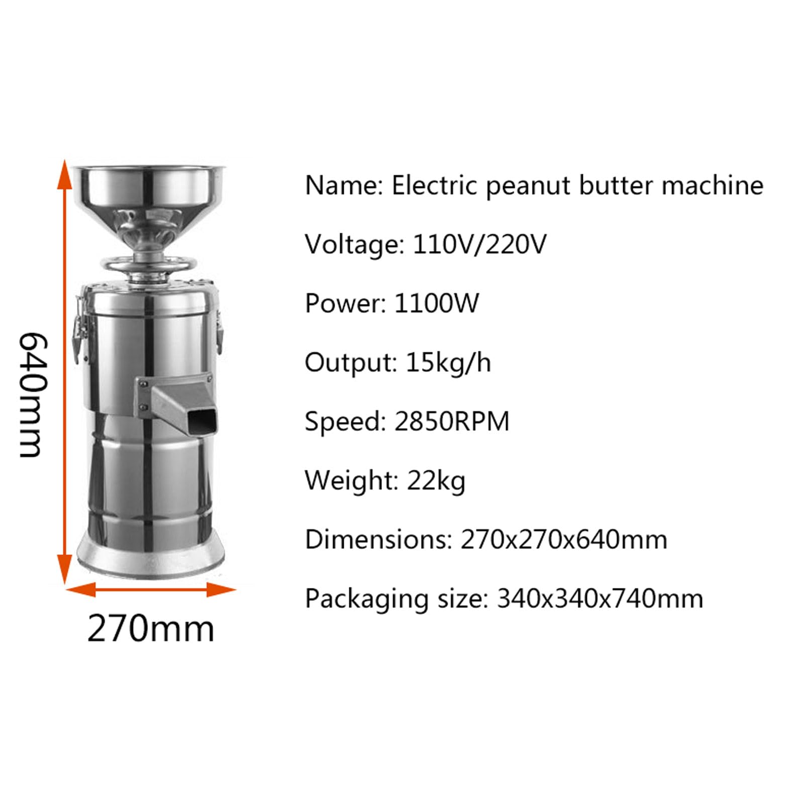 15 Kg/h Erdnussbuttermaschine, 1100 W Kommerzielle Elektrische Küchenmaschine Aus Edelstahl, 2850 U/min Nussmühle Für Mandeln, Cashewnüsse, Walnüsse, Kürbiskerne