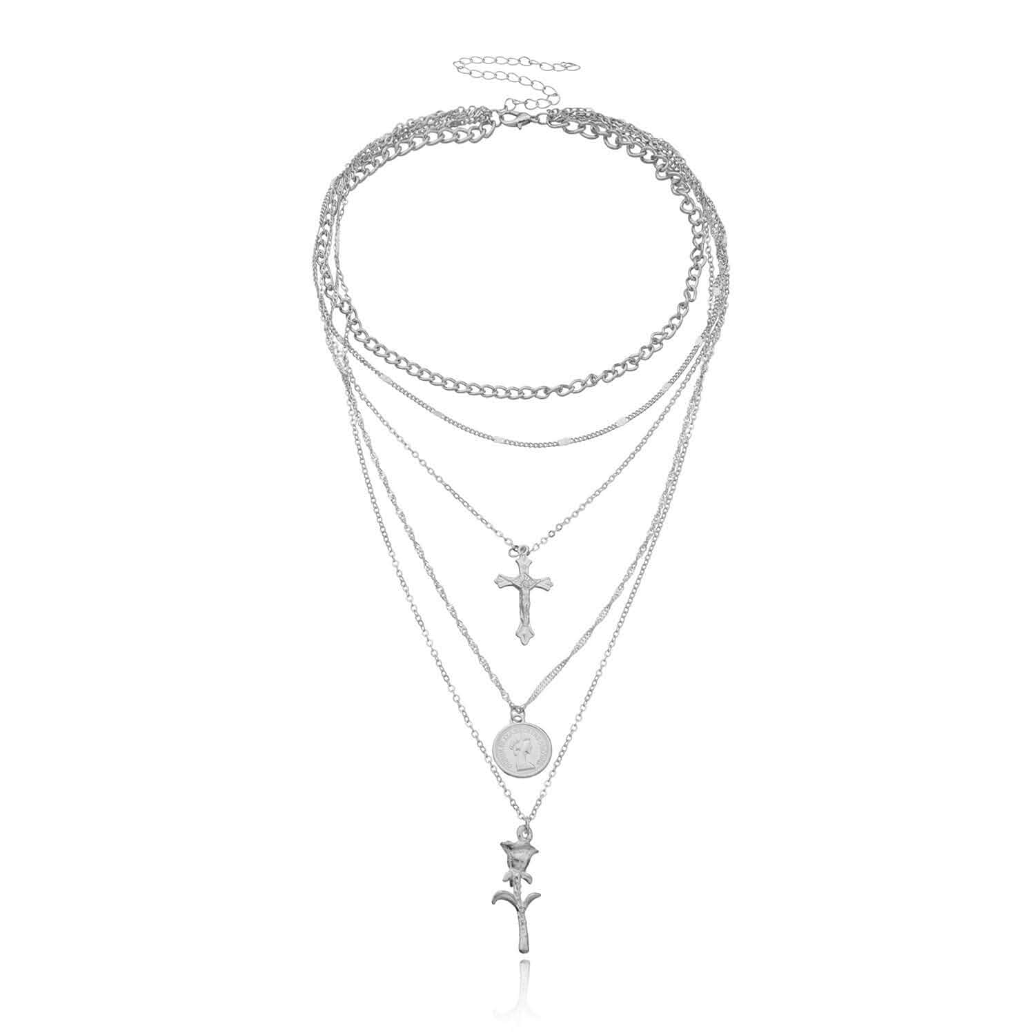 Cross Charm Coin Medallion Layered Multi Strand Choker Necklace Two Colors For Women Statement Vintage Y2K Gold Color Silver Color Adjustable