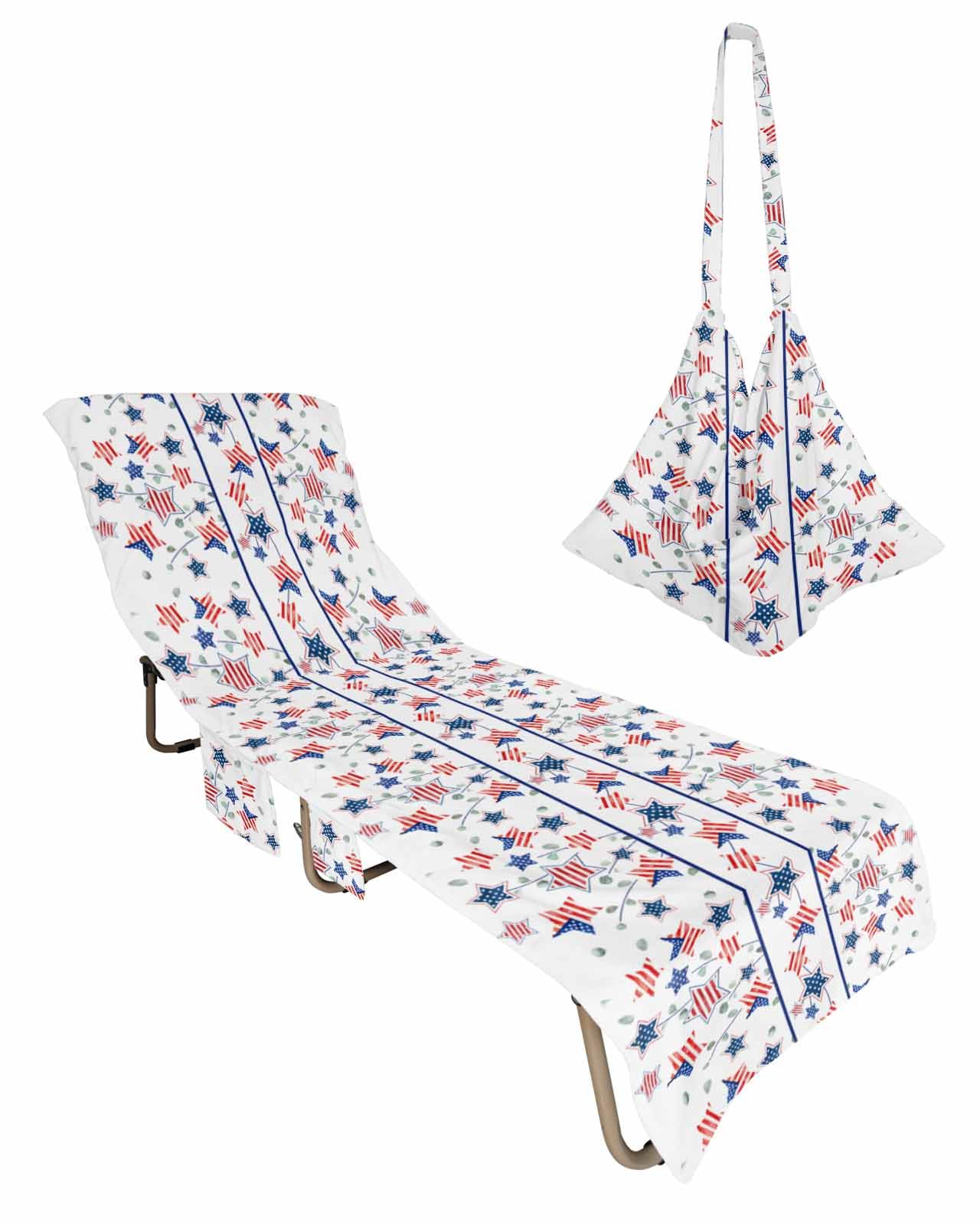 4th of July Beach Lounge Chair Towel Cover, Soft Chaise Lounge Towel with Side Pockets Patio Pool Chairs Cover for Beach/Pool Sunbathing 29x85 Blue Red Star Independence Day