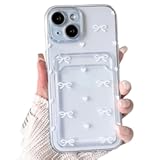 NITITOP Compatible with iPhone 15 Case Clear with Card Holder Cute Bow Knot Love Heart Design for Women Girls Soft TPU Shockproof Wallet Case Protective Phone Cover - White