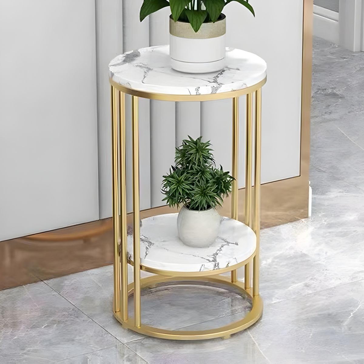 Round Side Table with 2-Tier Marble Top, 30x60 cm, White | Metal Frame, Bottom Shelf, Living Room Use, Black Steel Base, Compact Design-image-11