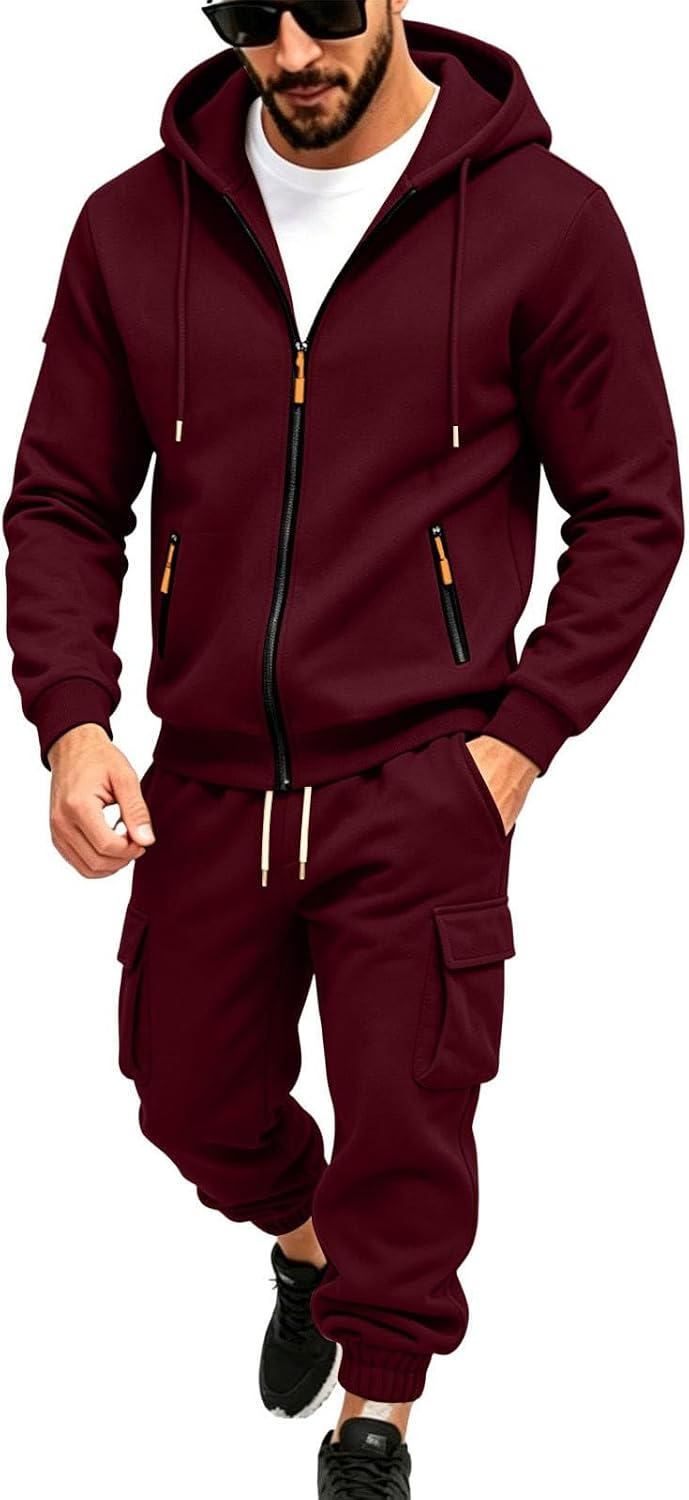 Men's Full Zip Cargo Hoodie Set Multi Pocket Sweatpants Tracksuit