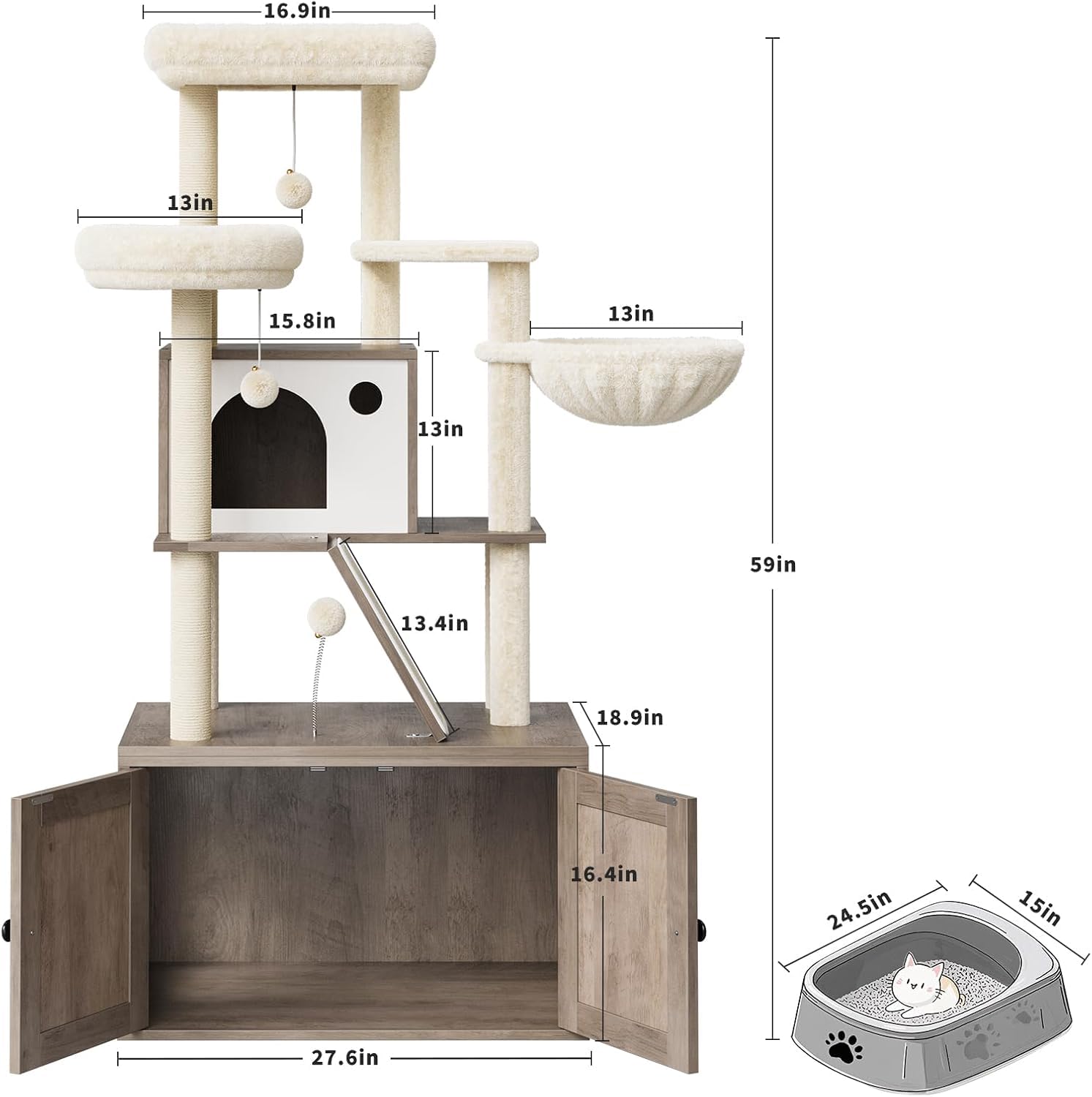 59-Inch Cat Tree Tower for Indoor Cats,Multi-Level Furniture Activity Center with Condo/Hammock/Scratching Post/Plush Perch/Caves, Wooden Hidden Litter Box Furniture