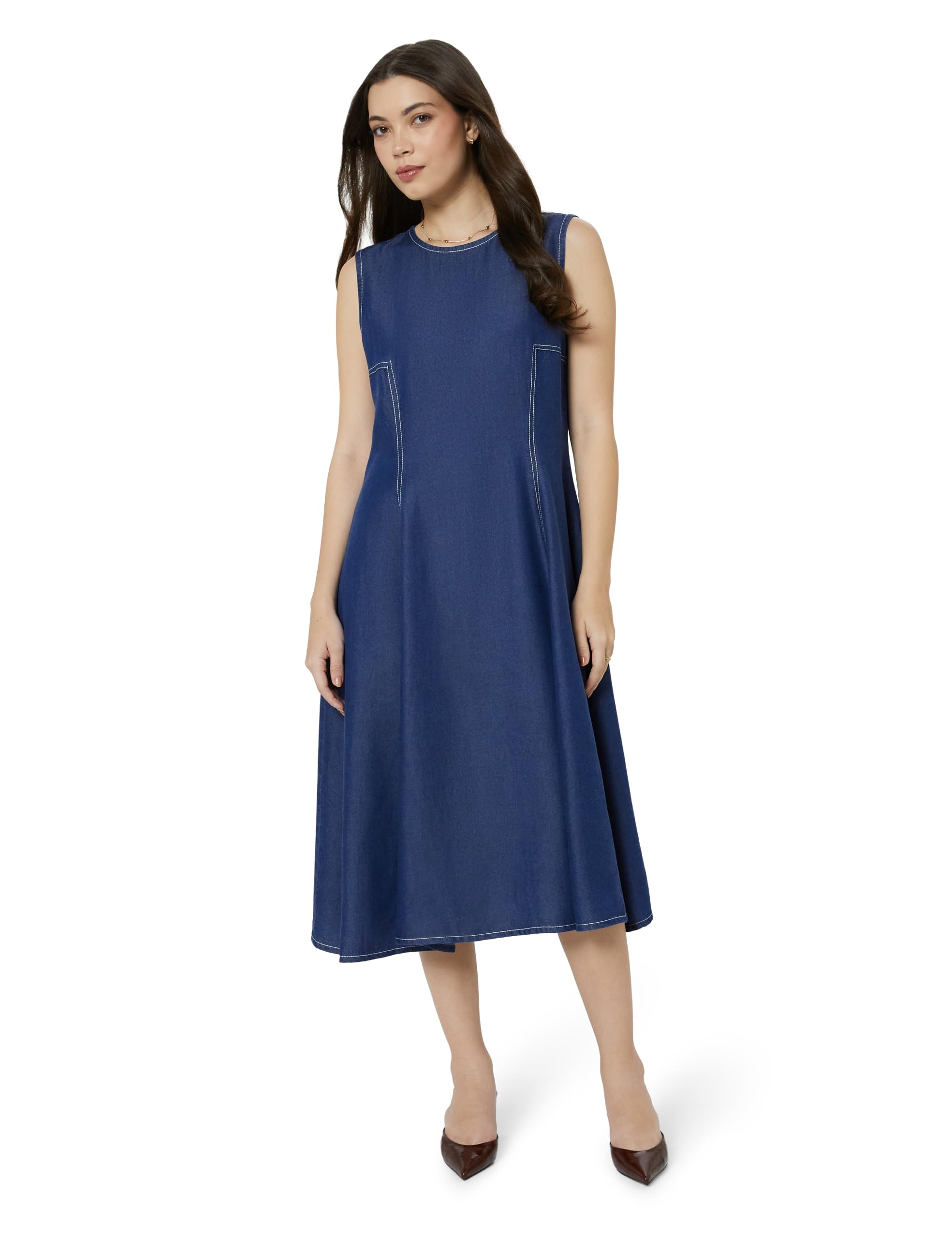 Amazon Brand - Symbol Women's Cotton Tencel Denim A-Line Dress | Sleeveless, Round Neck, Midi Length, Back Zip (Available in Plus Sizes)