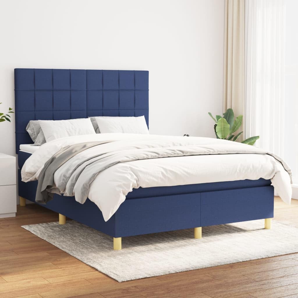 Cama con somier con colchón, color azul, 140 x 190 cm, funda de tela, cabecero ajustable, transpirable, para dormitorio, descanso cómodo