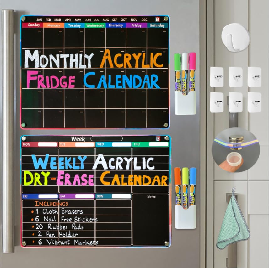 Black Magnetic Calendar for Refrigerator | 2 PCS Dry Erase Acrylic Black Chalkboard Calendars for Fridge Plus 6 Liquid Chalk Markers for Blackboard