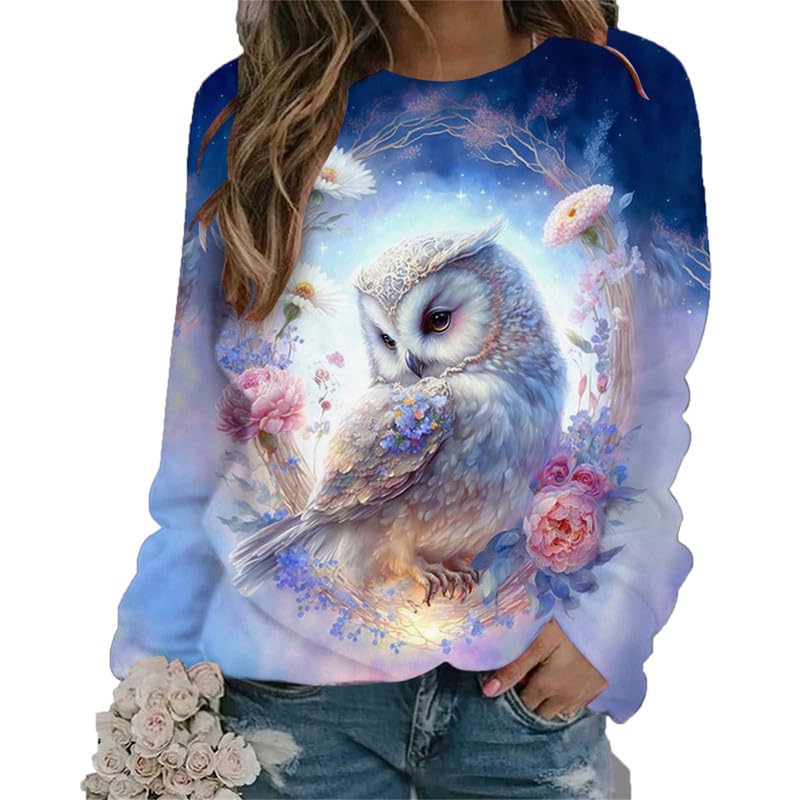 Hibou imprimé en 3D Sweat-Shirt Pull pour Les Femmes T-Shirts à Manches Longues Pull à col Rond décontracté Drôle Graphique Tee Tops Chemisier