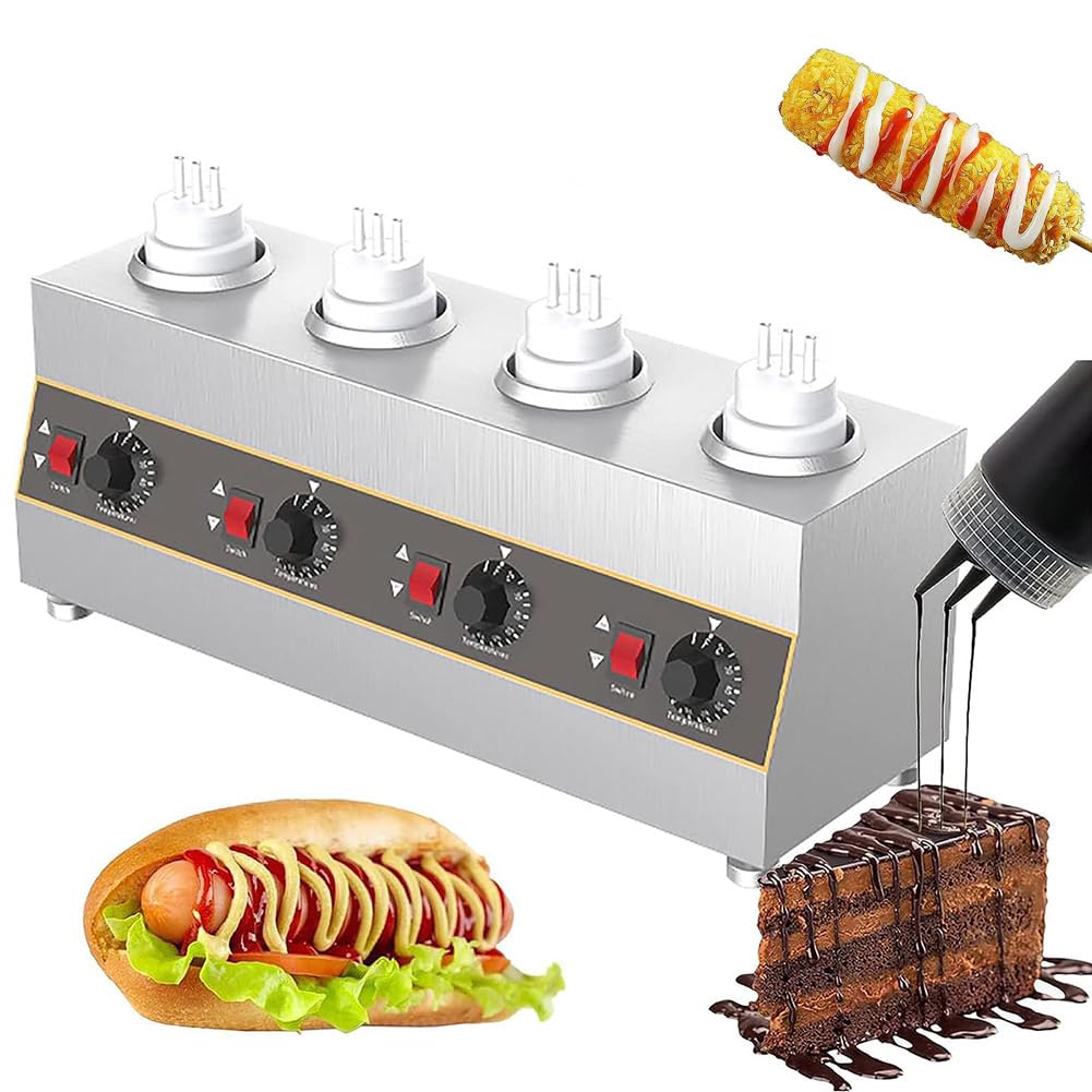 JKJZSALJ Electric Food Sauce Dispenser Heater, 4 Grids Commercial Warmers With 650Ml Bottles, 30-85℃ Jam Sauce Warmer For Hot Fudge,4Grid