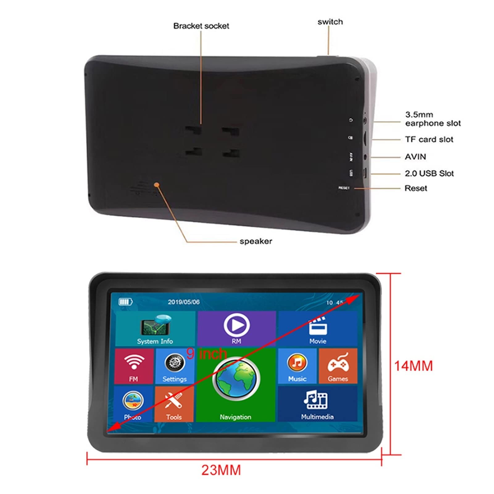 Cyfrowa kamera cofania RV Monitor widoku z tyłu Samochód GPS. Nawigator 9-calowy ciężarówka nawigacyjna GPS GPS. Nawigacja Fm. Darmowa mapa nadajnika (Size : With Bluetooth)