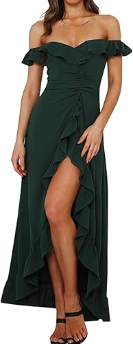 R.Vivimos Vestido largo de algodón de verano para mujer, con hombros descubiertos y volantes, fruncido, con abertura