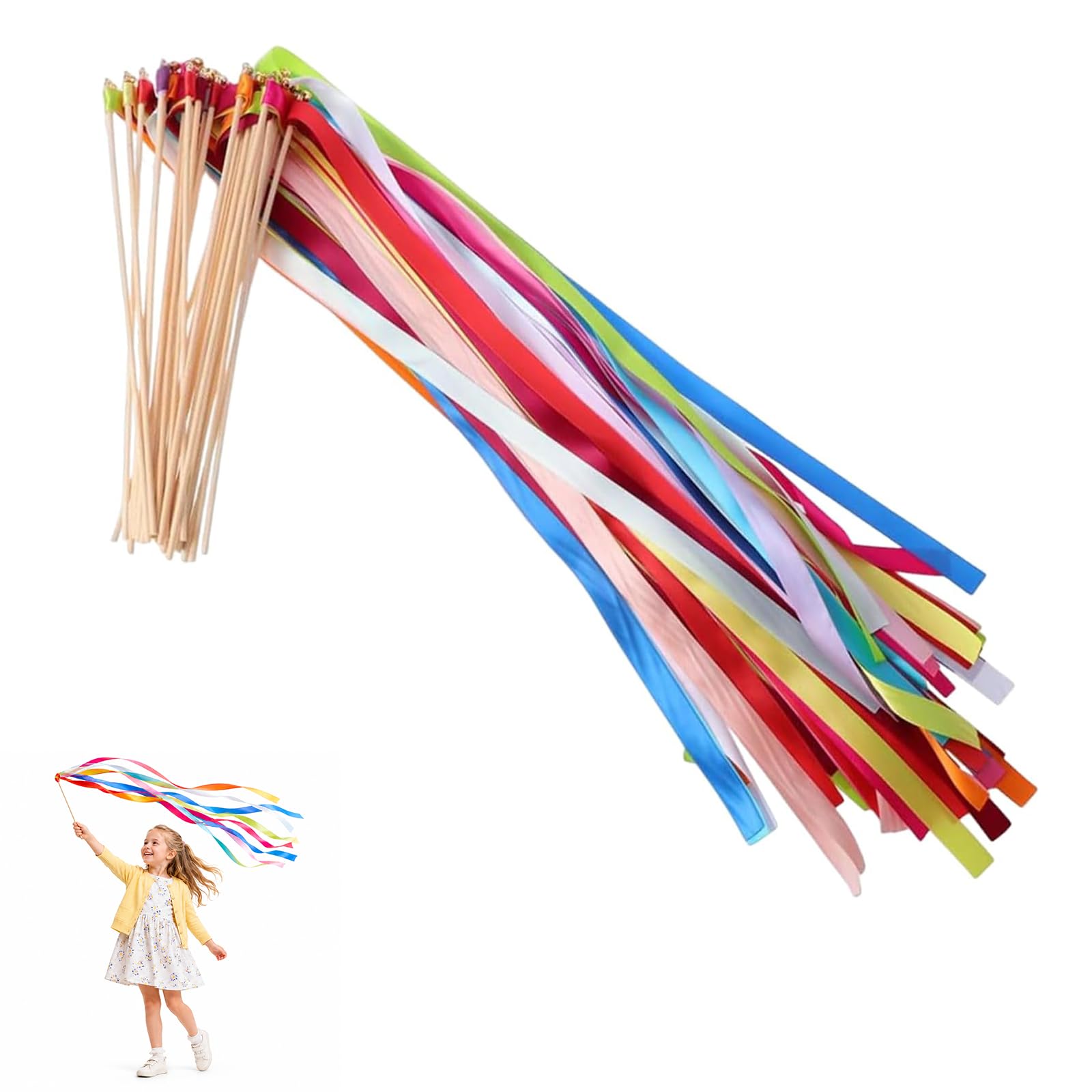 20 PCS Mix Color Ribbon Wands with Gold Bells, Streamers Ribbon Wands, Gymnastics Ribbon, Streamers for Kids Dance, Gymnastics Training, Artistic Performance, Party Favors